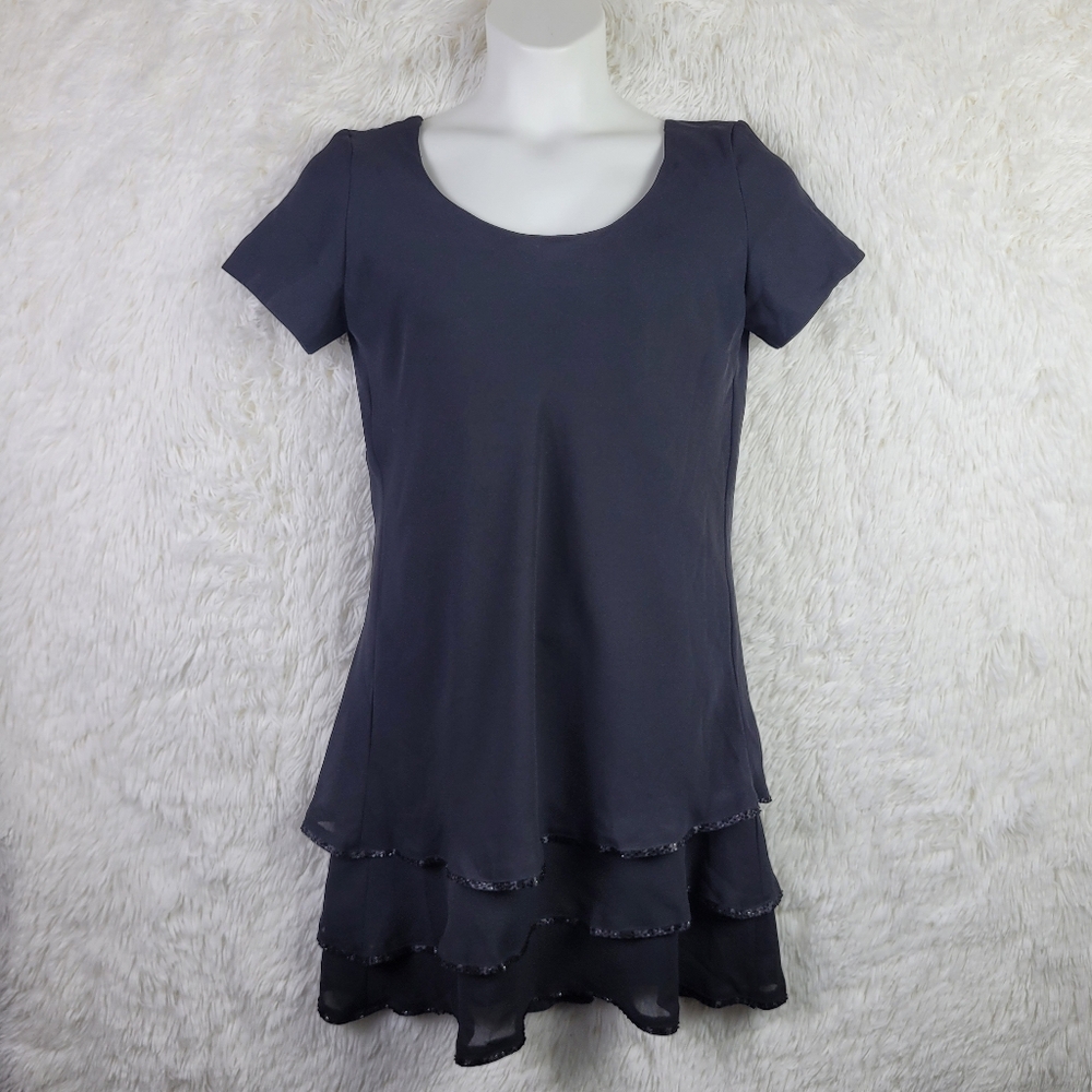 Vtg Evenings By Tom Barra Sz 8 Black Tiered Knee Length Dress Cocktail Classic